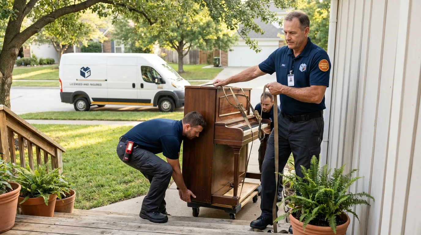 Licensed piano movers securing grand piano in Bayville, NY