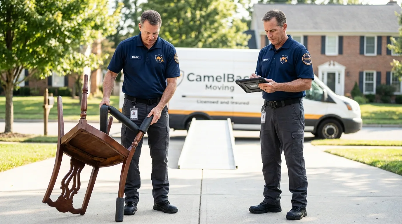 Movers inspecting furniture for damage prevention before loading in Bayville, NY