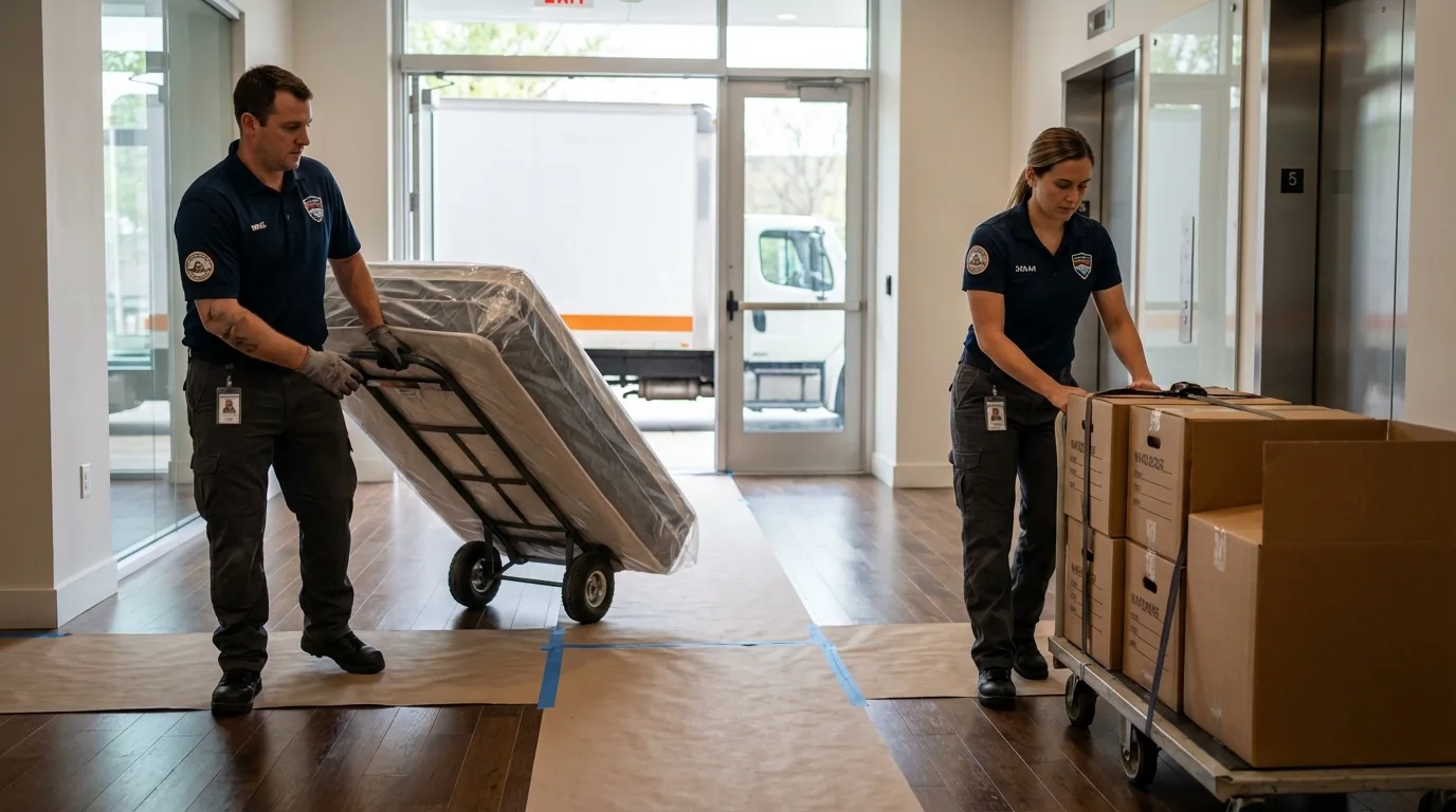 Professional apartment movers loading elevator in Bayville, NY