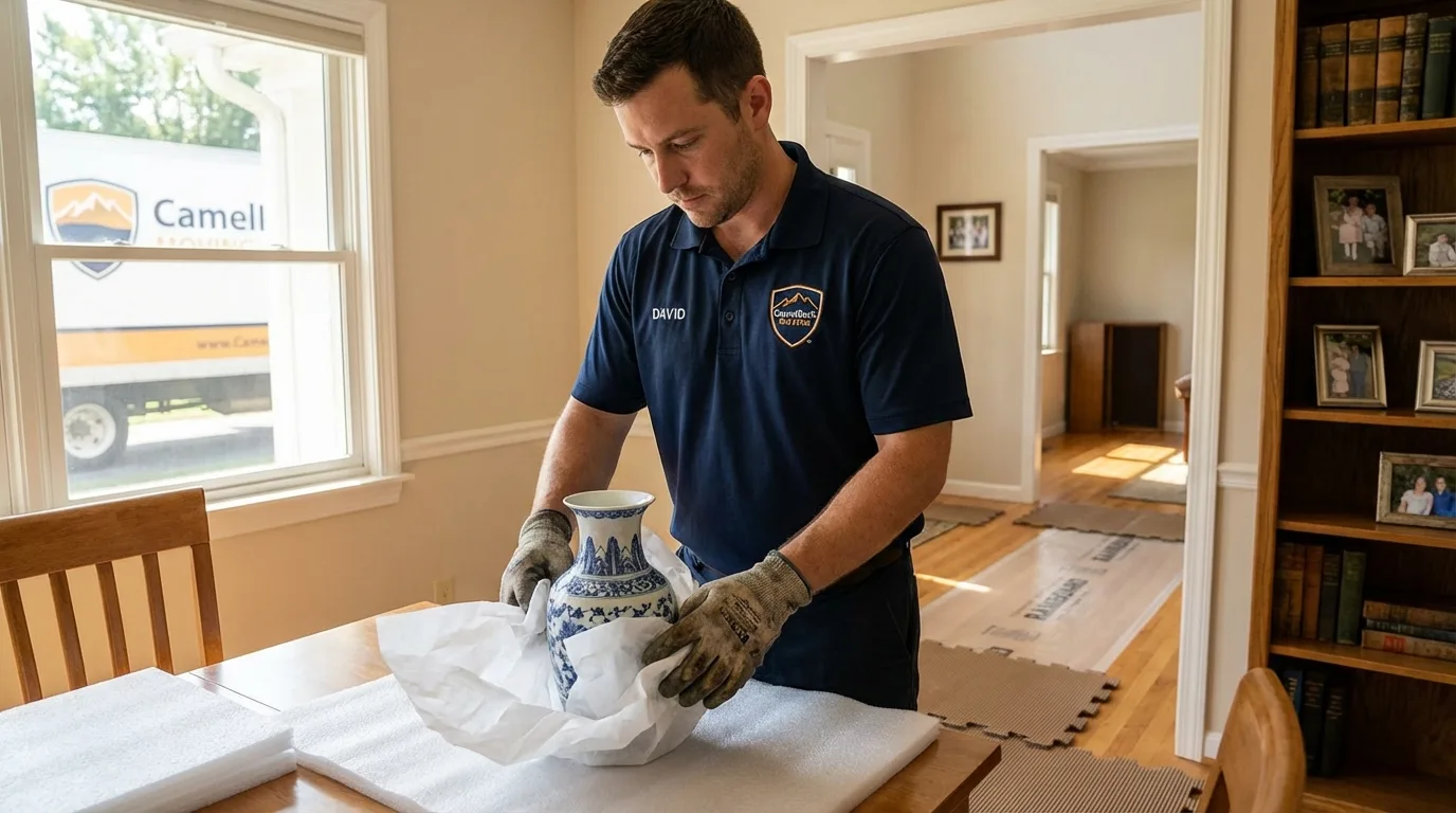 Professional crew carefully wrapping antique vase for senior downsizing move in Bayville, NY